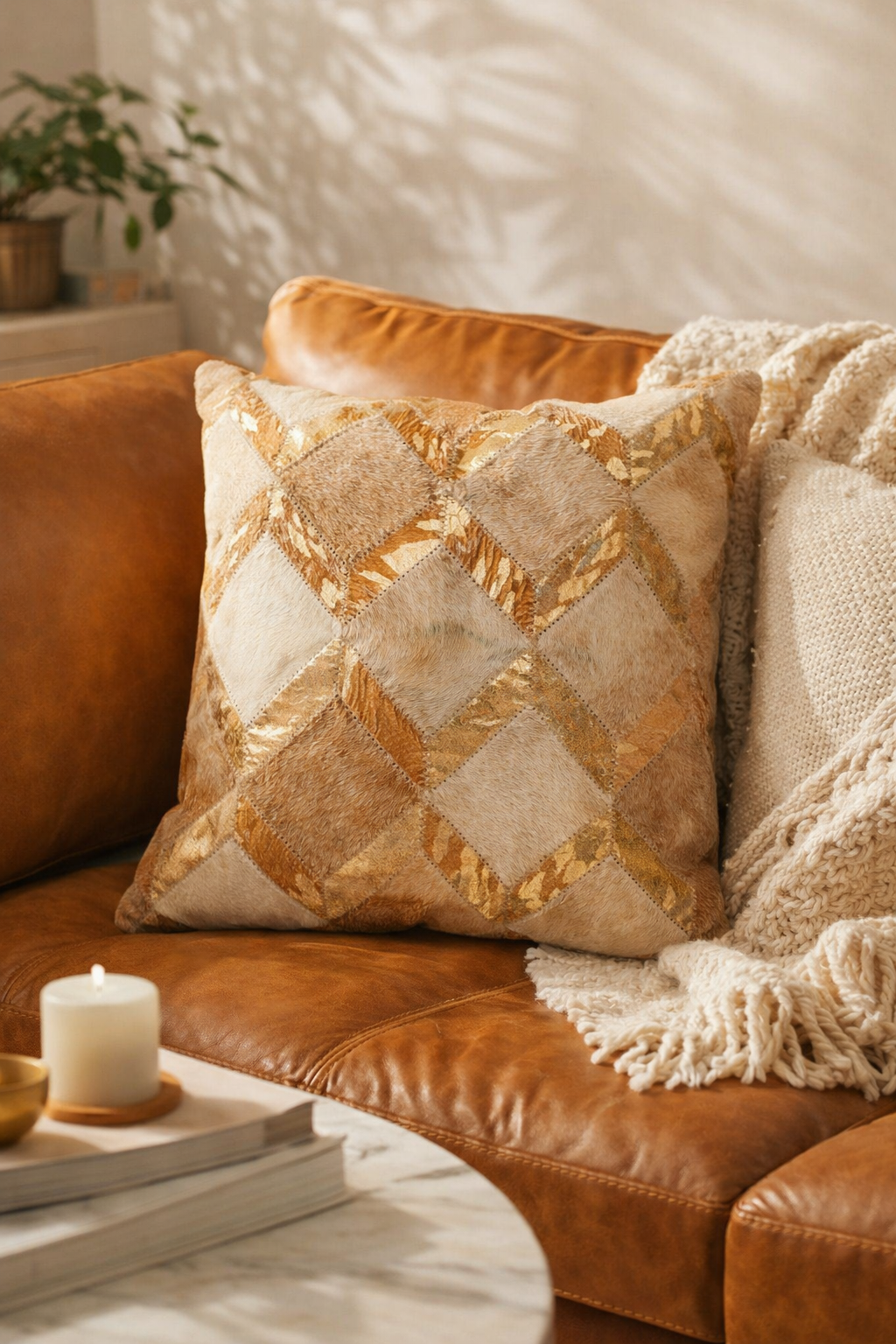 Decorative pillow with gold and beige pattern on a brown leather couch.