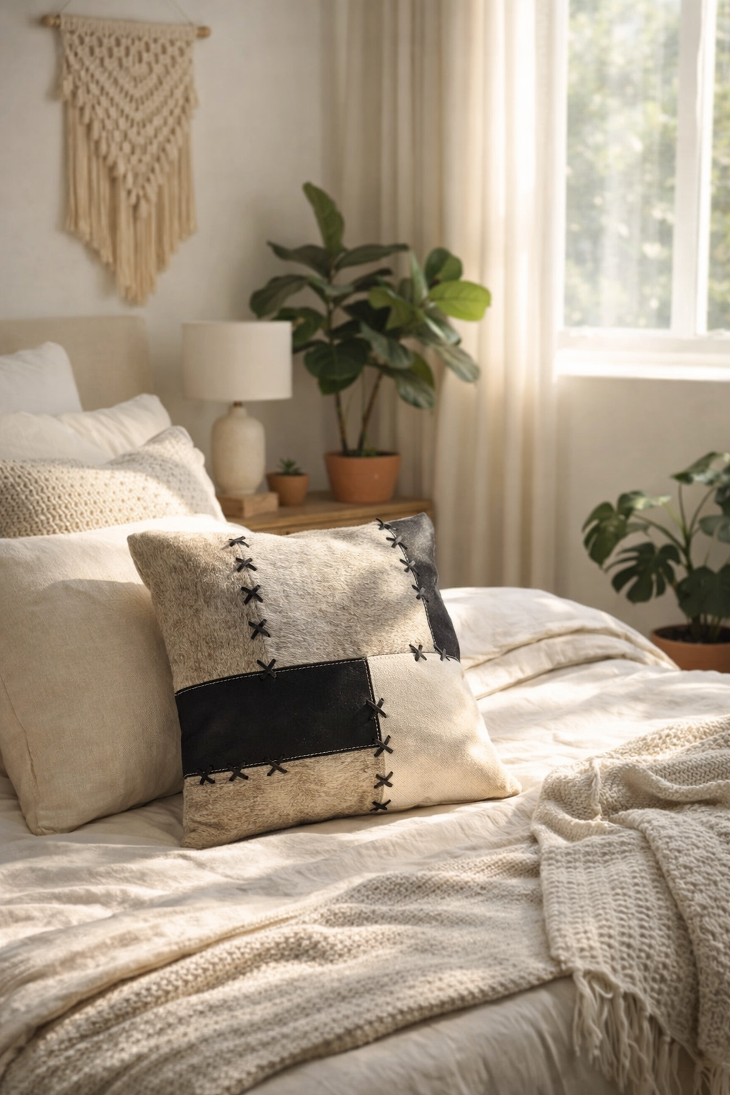 Cowhide Cushion Cover 40x40 – Patchwork Black, Grey & Cream | X-Stitch Detail