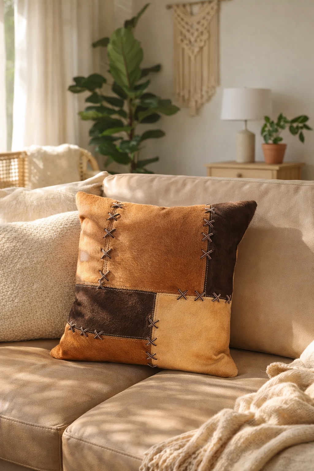 Rustic cowhide cushion cover styled on beige sofa in warm neutral living room