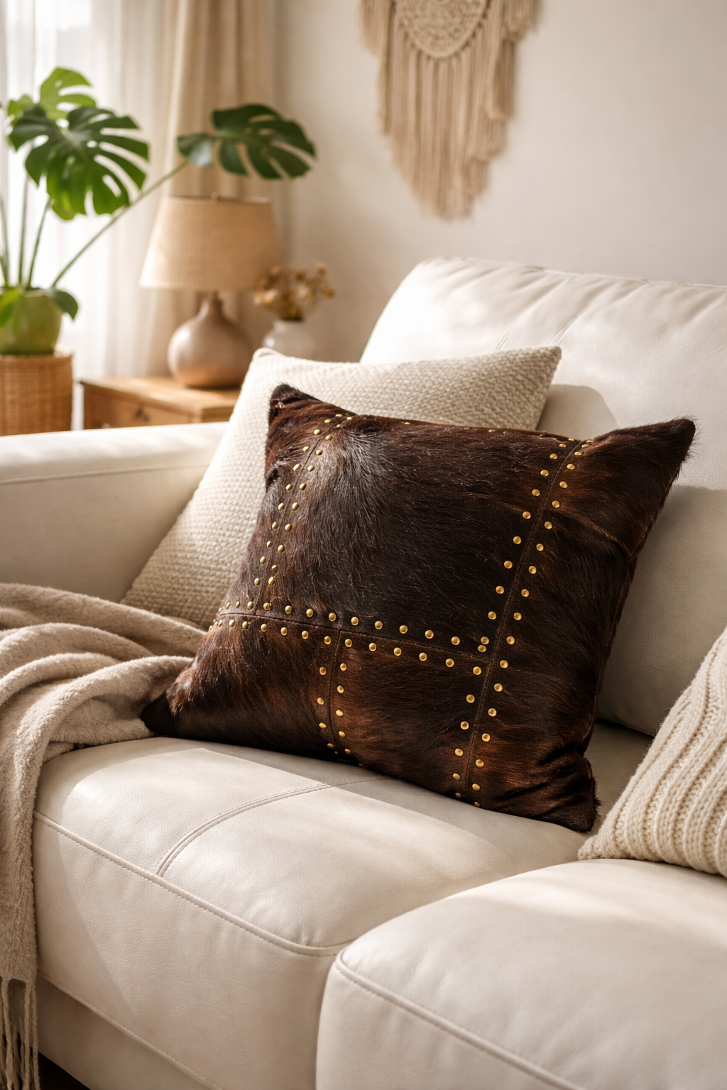 Studded Cowhide Leather Cushion Cover 40x40cm | Genuine Hide Front + Cotton Linen Back