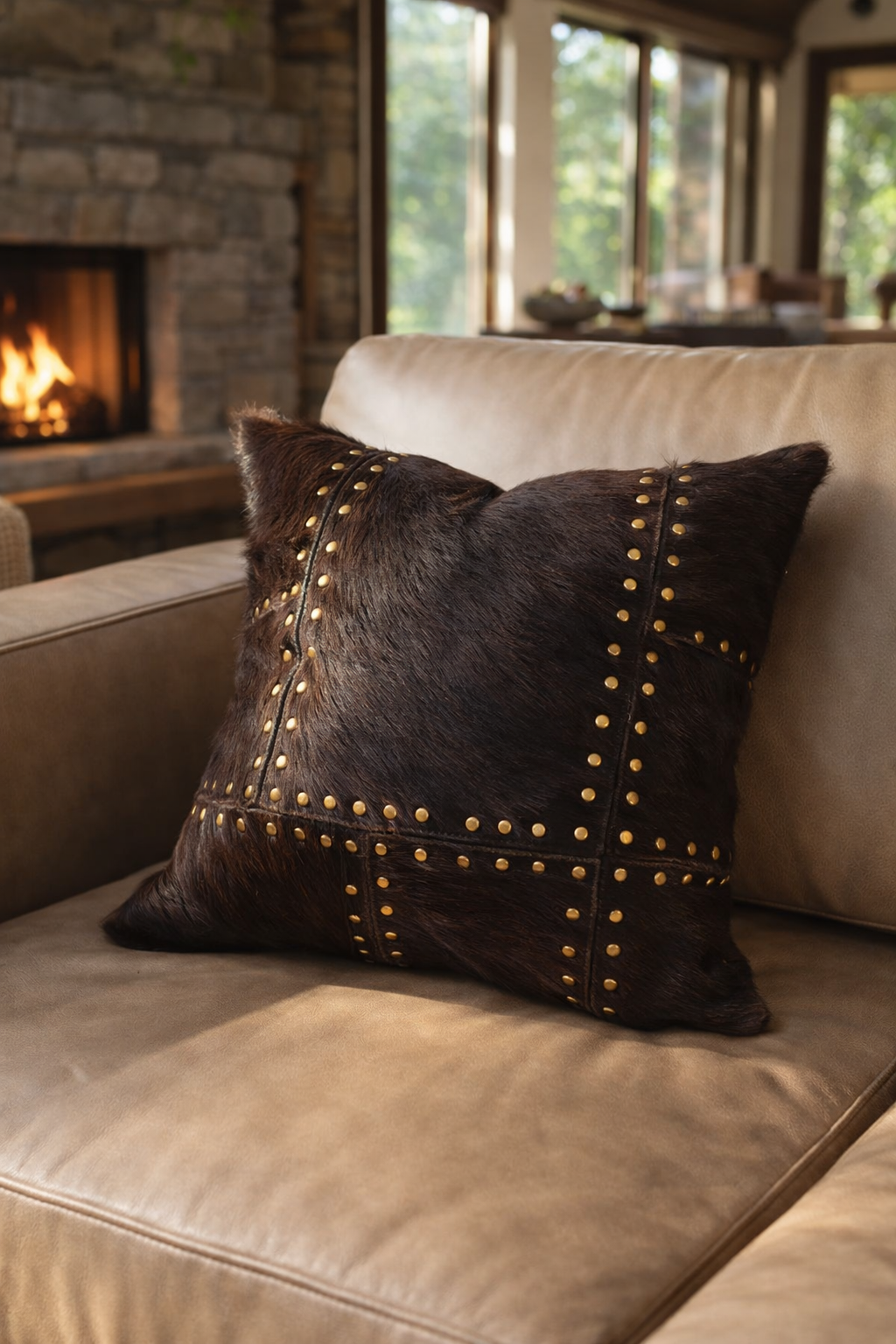 Genuine cowhide leather cushion cover 40x40 with stud detail and zipper