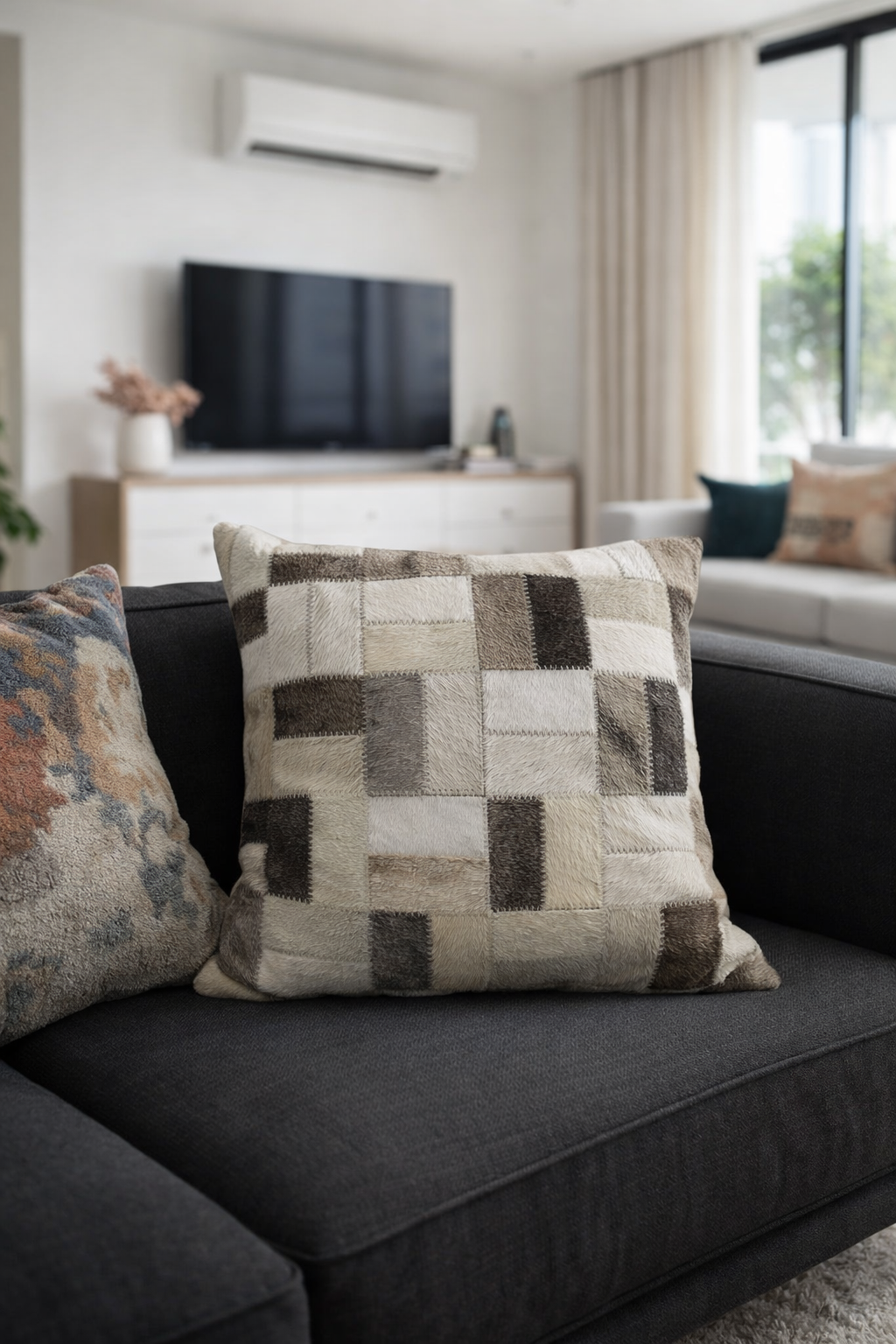 Checkerboard cowhide cushion in cream beige and brown tones on couch