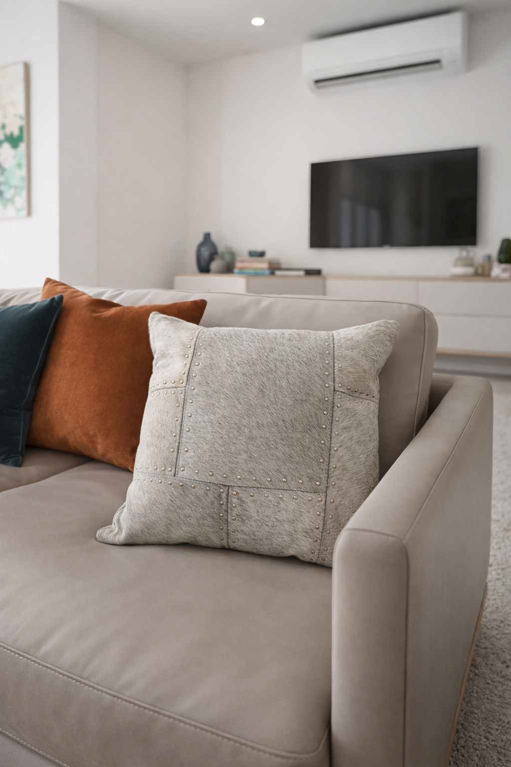 Studded Cowhide Leather Cushion Cover 40x40cm | Premium Patchwork Throw Pillow Case