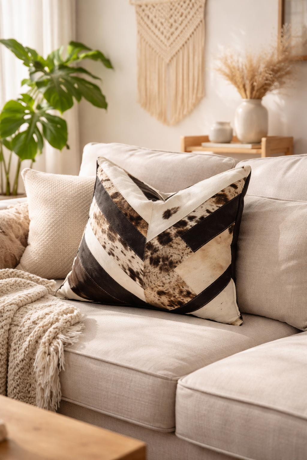 Cowhide Leather Patchwork Cushion Cover – Chevron (Black / Natural)