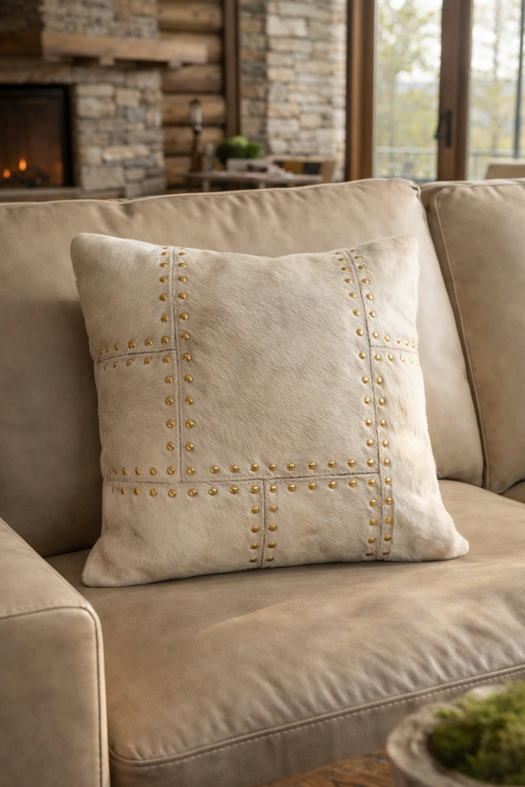 Neutral cowhide leather cushion cover styled with textured throws