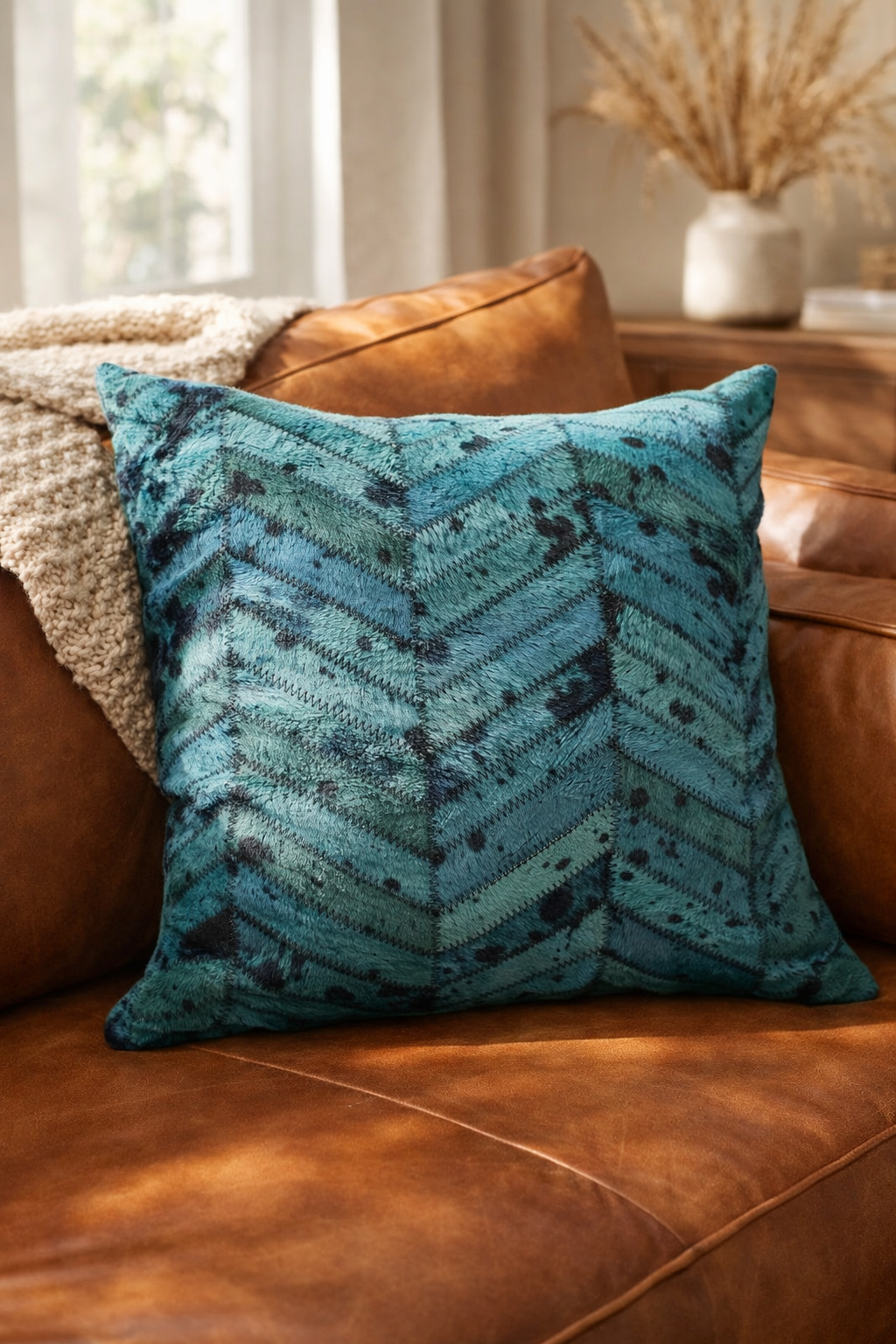 Teal Cowhide Cushion Cover 40x40cms| Hide + Patchwork | Leather Cover