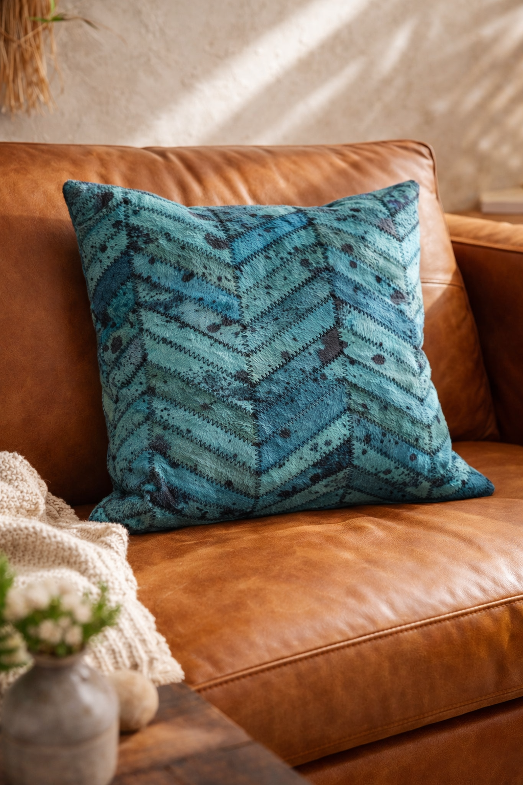 Statement teal cushion for a modern living room makeover, soft textured cowhide look