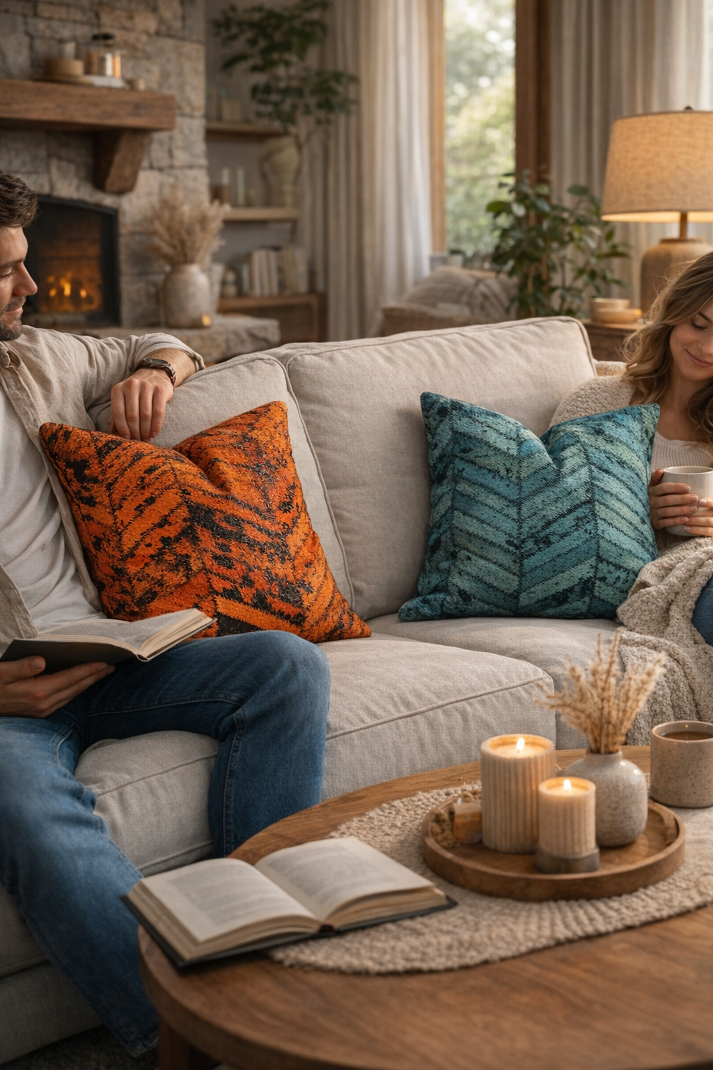 Cowhide cushion cover set of two on grey sofa for modern rustic decor