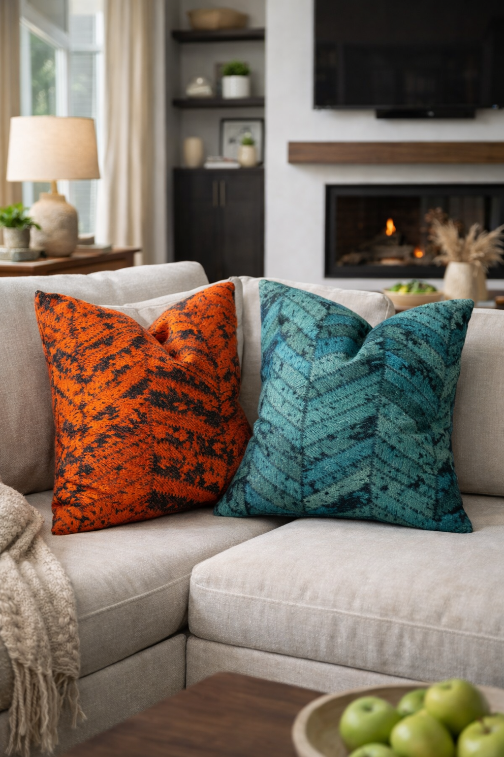 Two cowhide cushions set (teal + rust) styled in modern living room