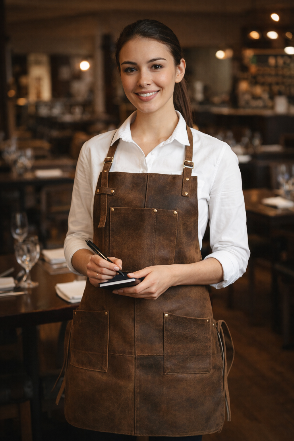 Vintage brown leather apron with adjustable straps and multiple pockets for work and cooking