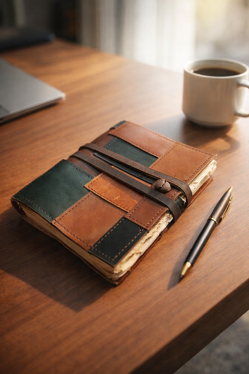 Handmade leather patchwork journal with rustic wrap closure by Melbourne Leather Co.