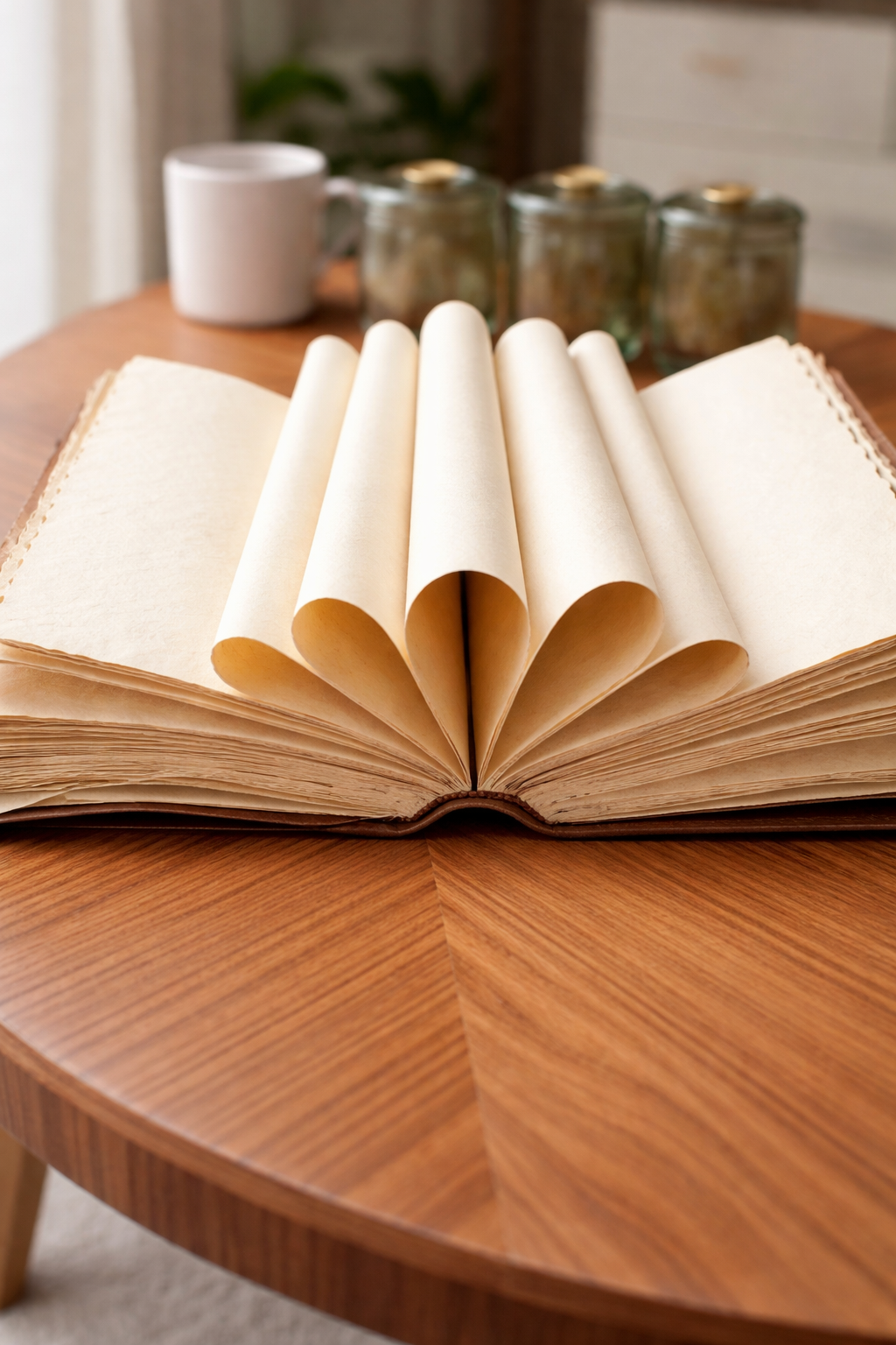 Open leather journal featuring handmade deckle-edge pages for writing and sketching.