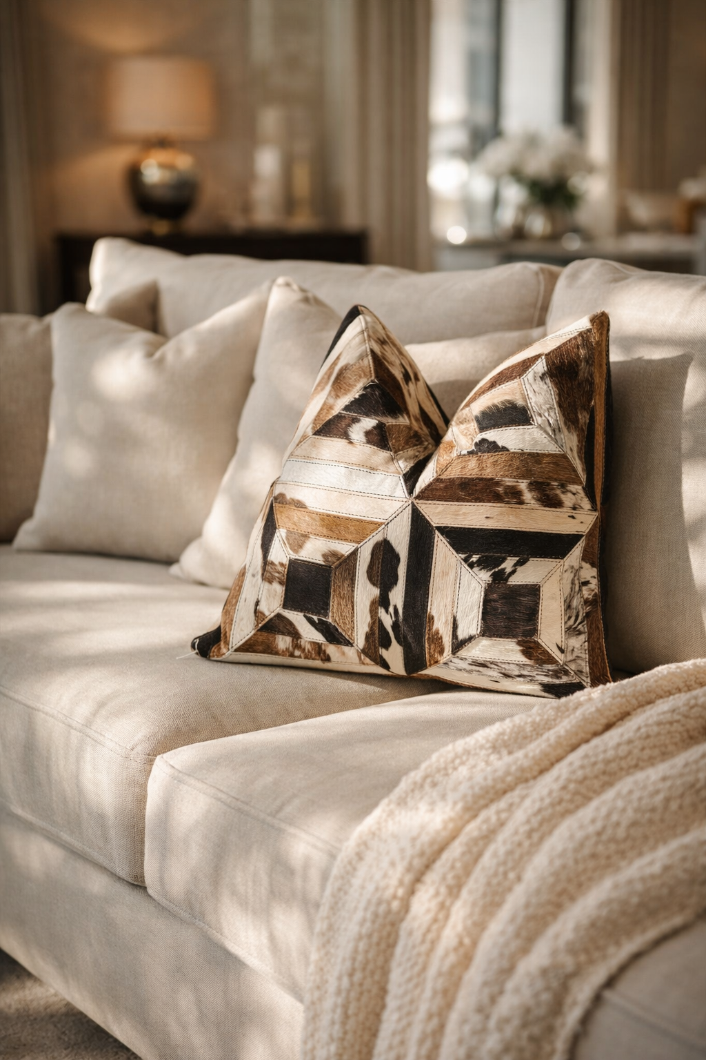 Designer cowhide leather cushion on neutral couch