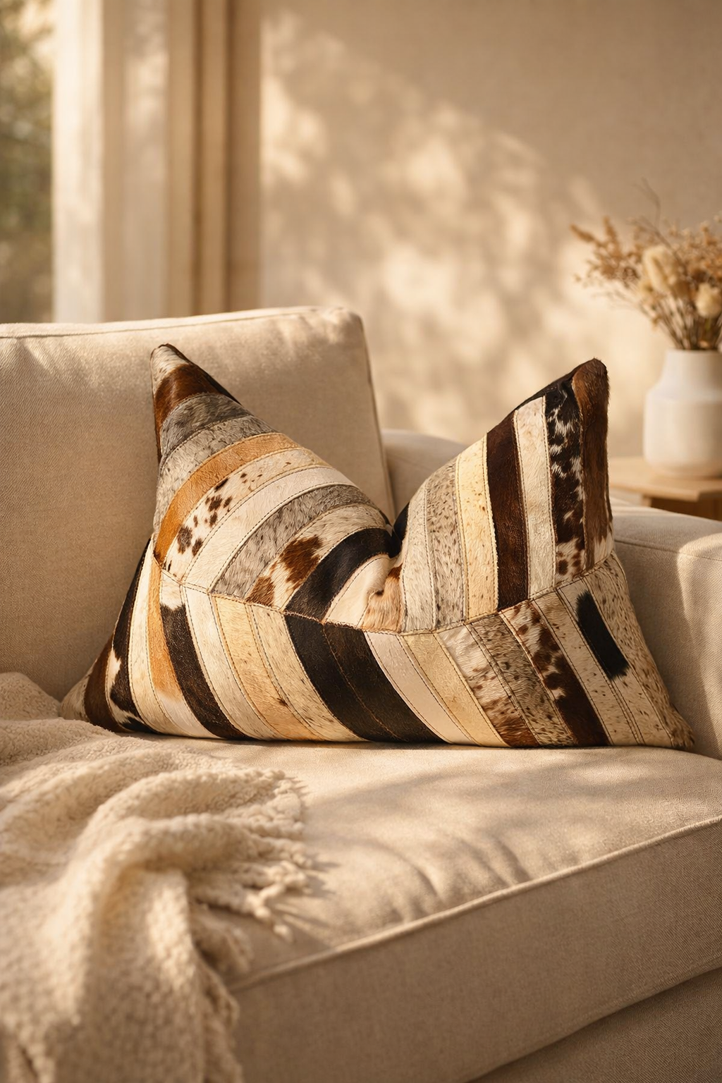 Rectangular cowhide cushion layered on neutral sofa