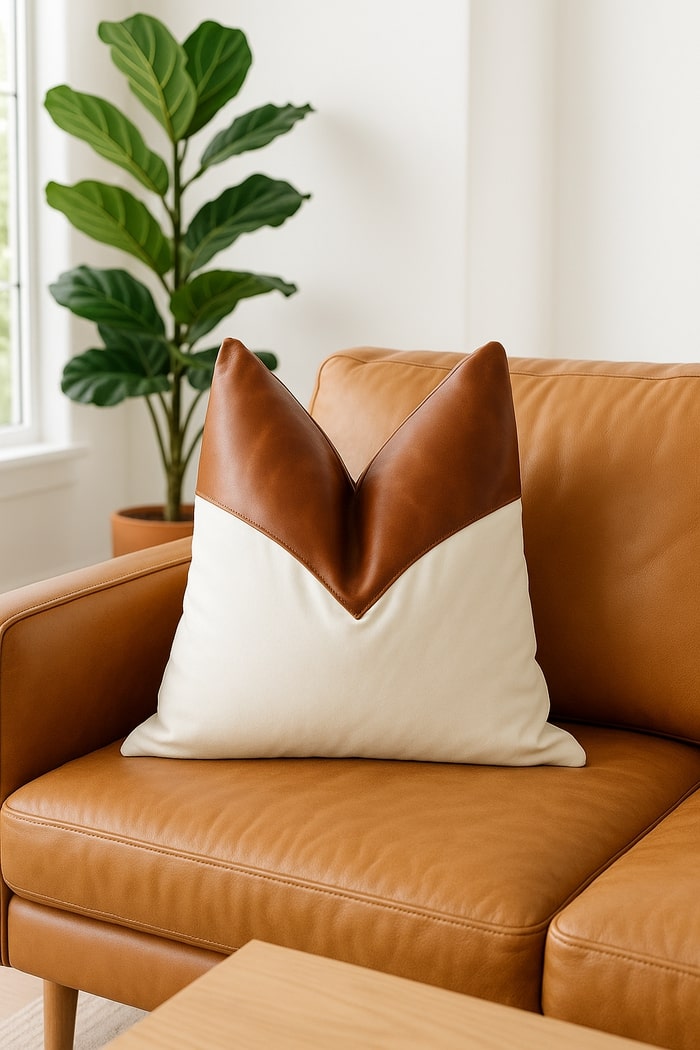 Back side of handmade boho cushion cover – durable canvas with rustic leather accent.