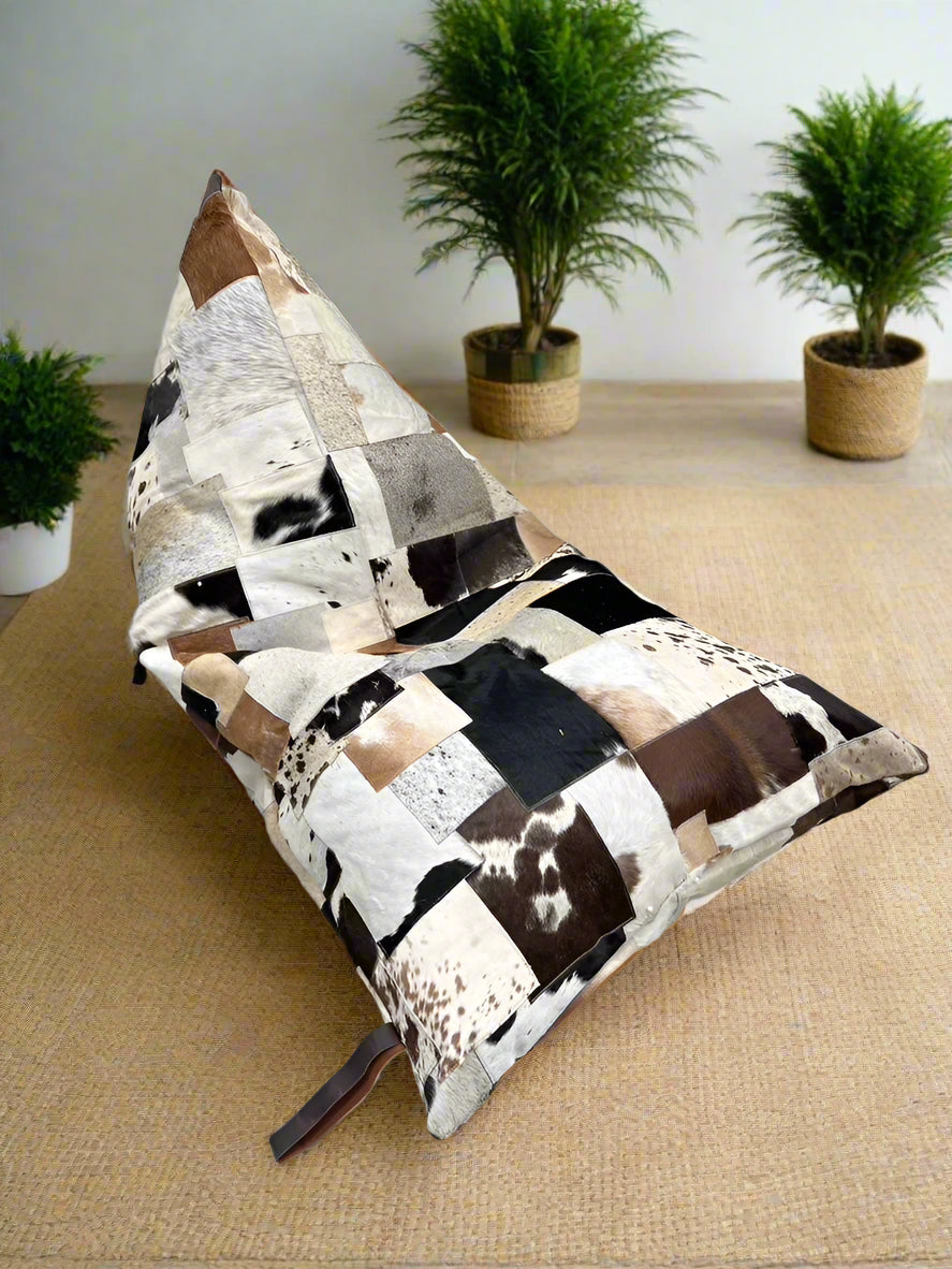 Luxe Cowhide Patchwork Beanbag Cover – Artisan-Made Leather Lounge Shell
