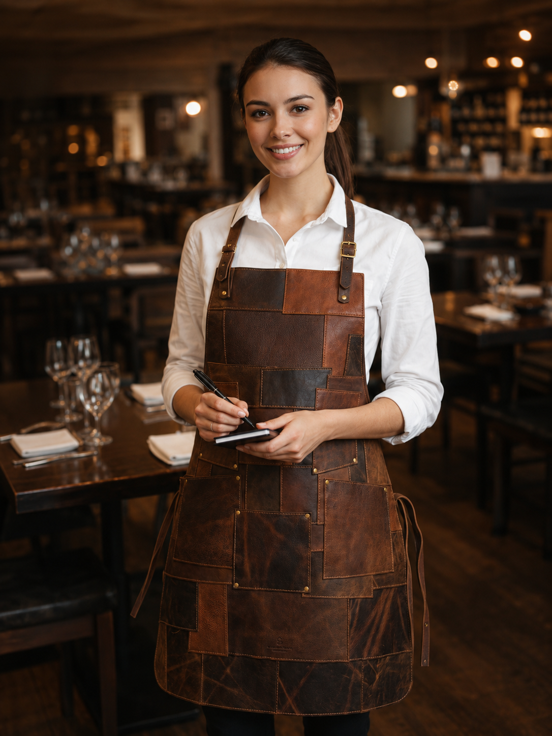 premium leather patchwork apron barista cafe setting