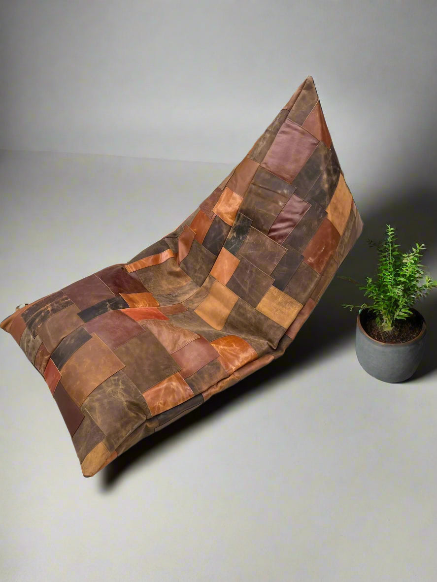 Vintage Leather Patchwork Bean Bag Cover – Upcycled Cowhide Lounger
