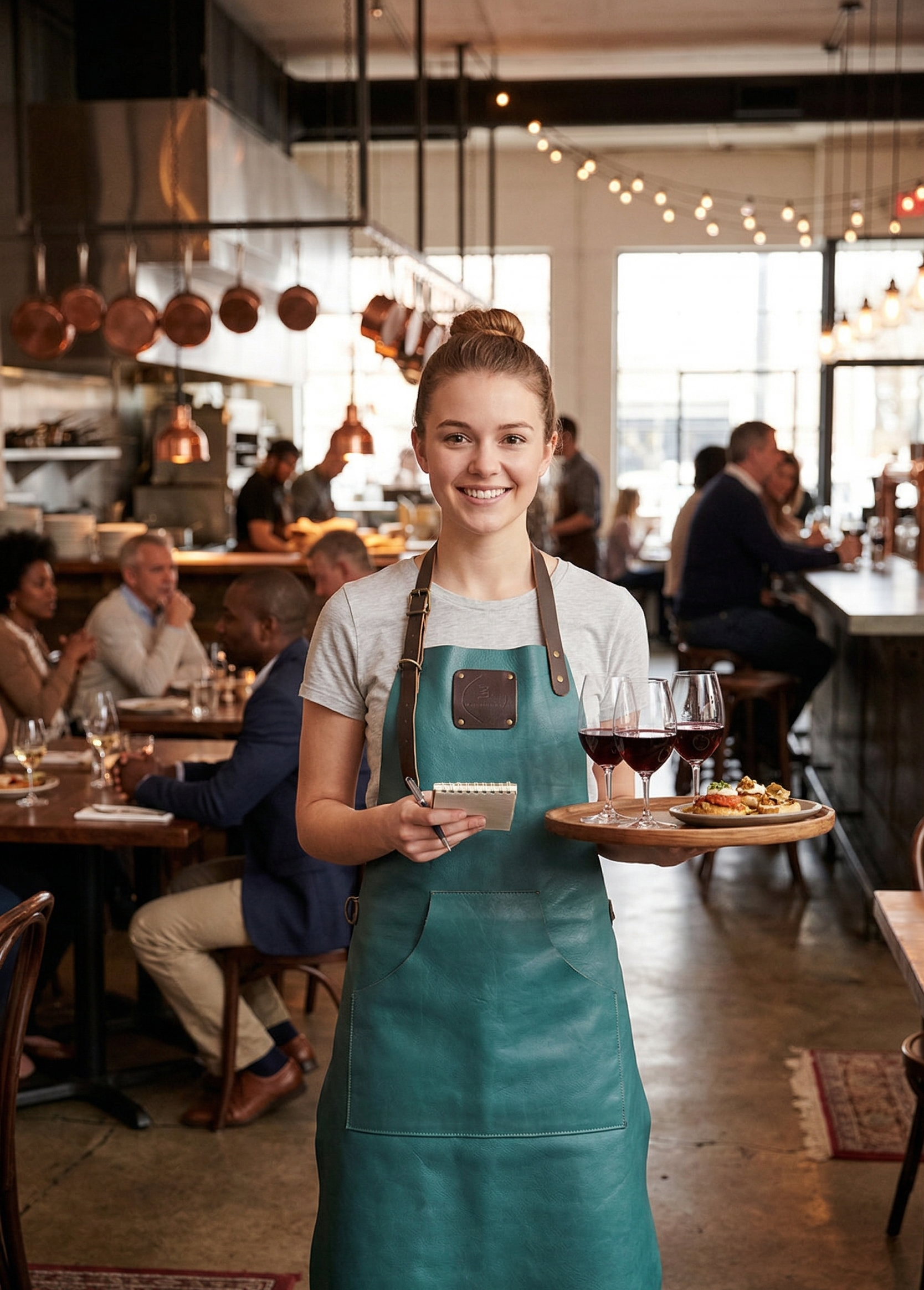 Woman in a teal leather apron holding a tray with drinks in a restaurant setting