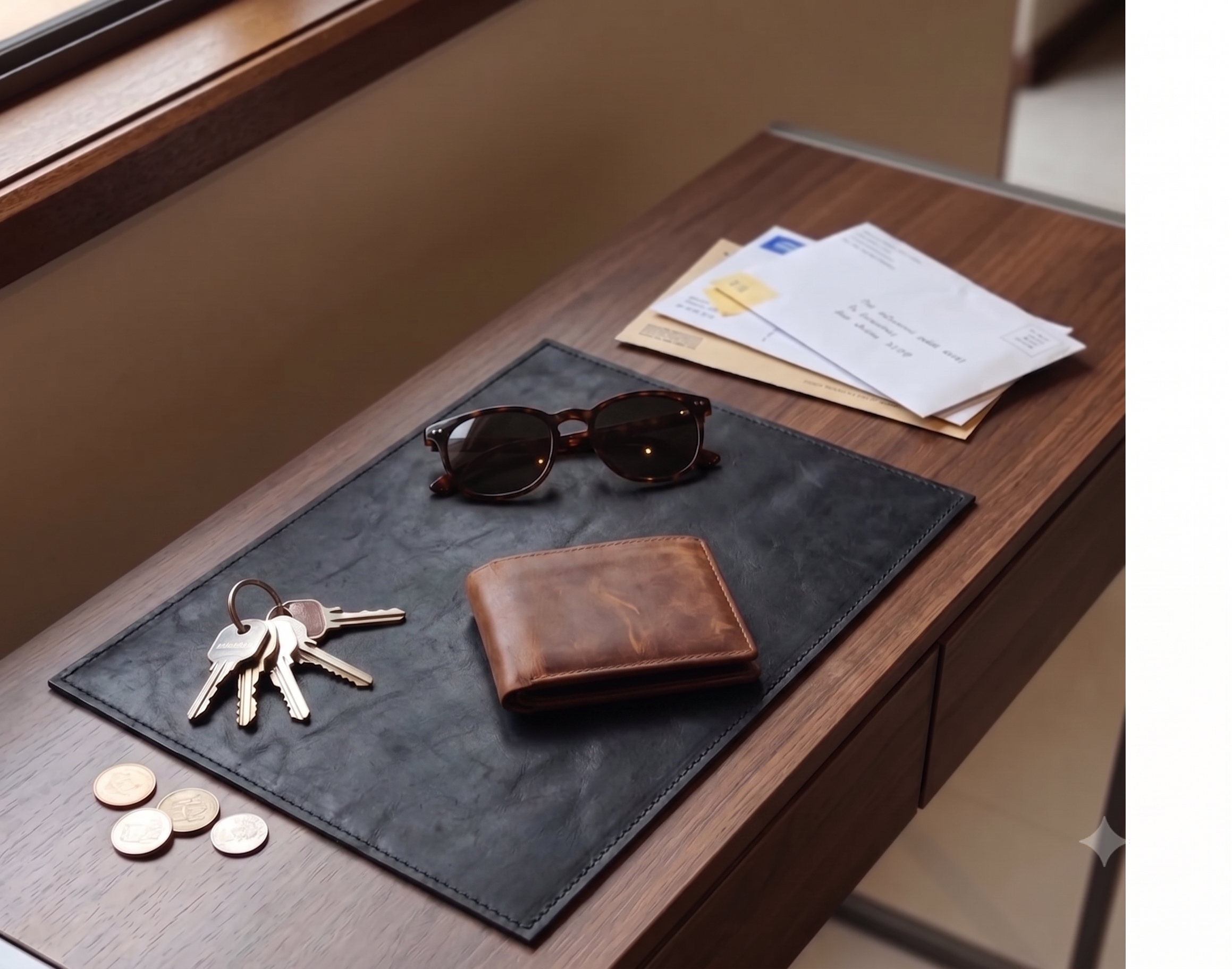 Leather mat on a wooden surface with sunglasses, wallet, keys, and coins.