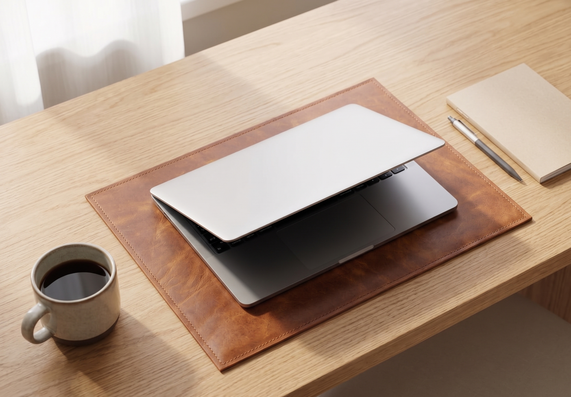 Multi purpose leather mat used as desk pad with keyboard and mouse