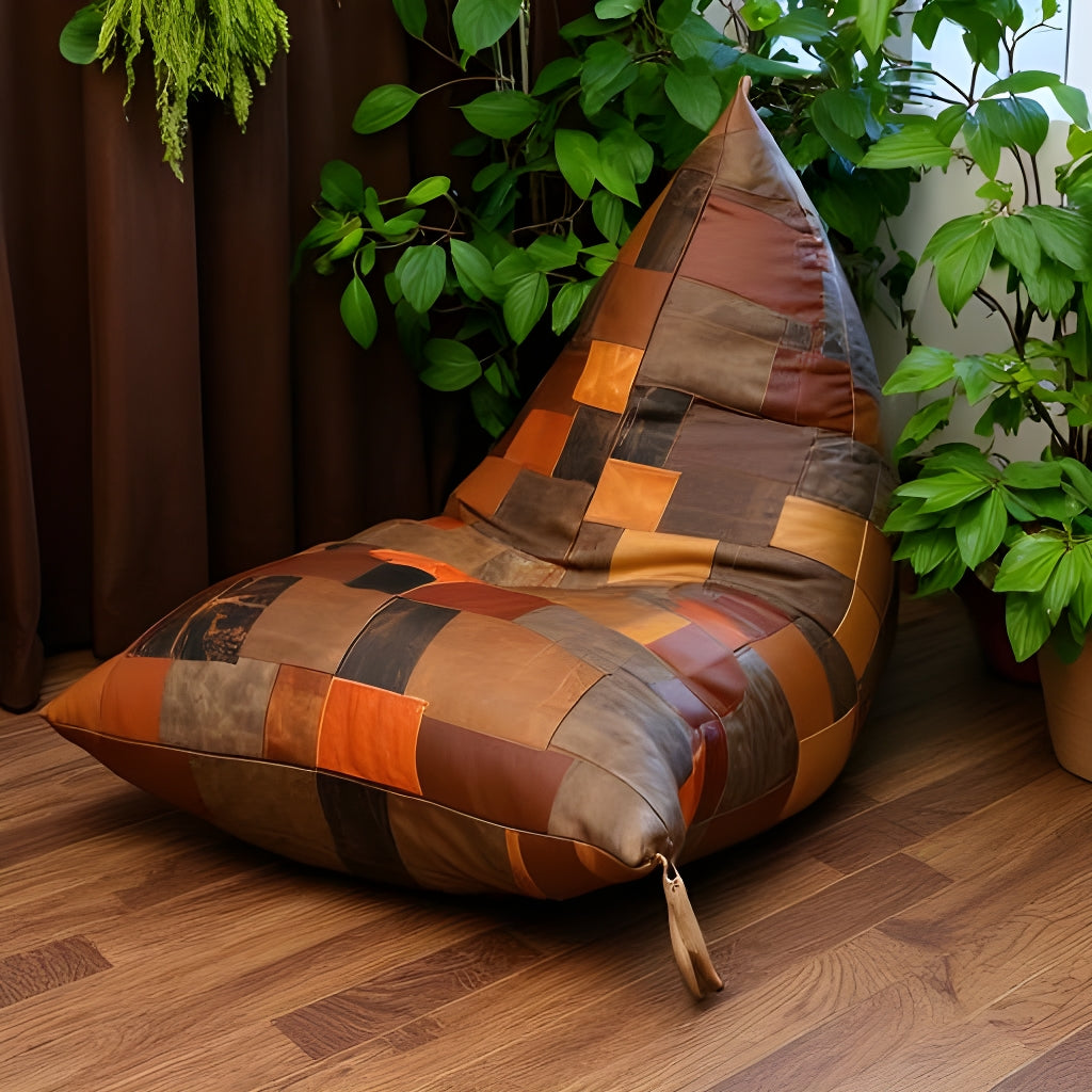 Vintage Leather Patchwork Bean Bag Cover – Upcycled Cowhide Lounger