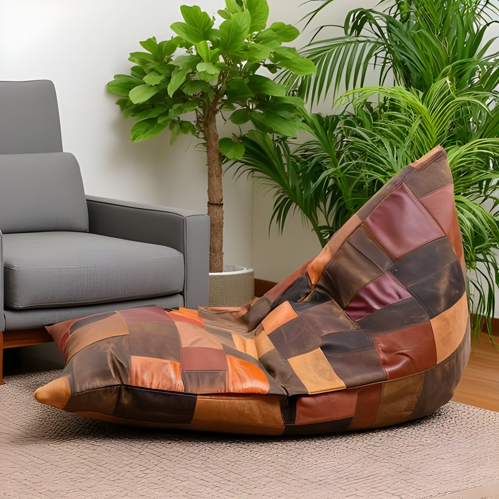 Vintage Leather Patchwork Bean Bag Cover – Upcycled Cowhide Lounger