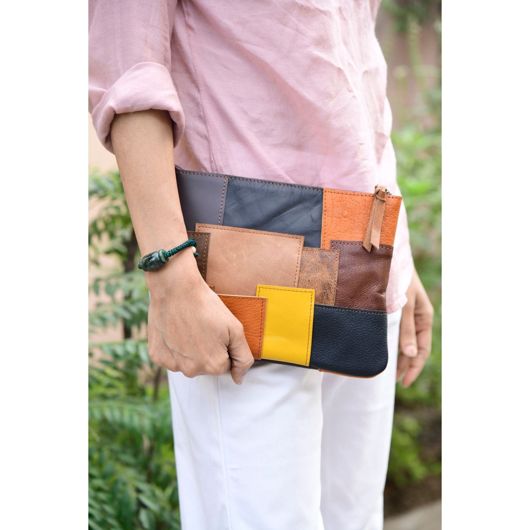 Melbourne Leather Co Genuine leather patchwork clutch, leather zipper clutch, tool pouch, leather clutch, leather zipper bag, leather travel bag, iPad case - LB32