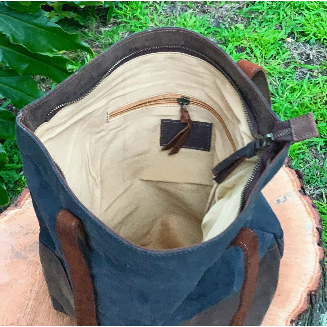 Melbourne Leather Co Waxed Canvas Genuine Cowhide Leather Tote Bag Laptop Bag Leather Tote Gift for her Leather Tote Laptop Bag Birthday Anniversary Gift - LB14