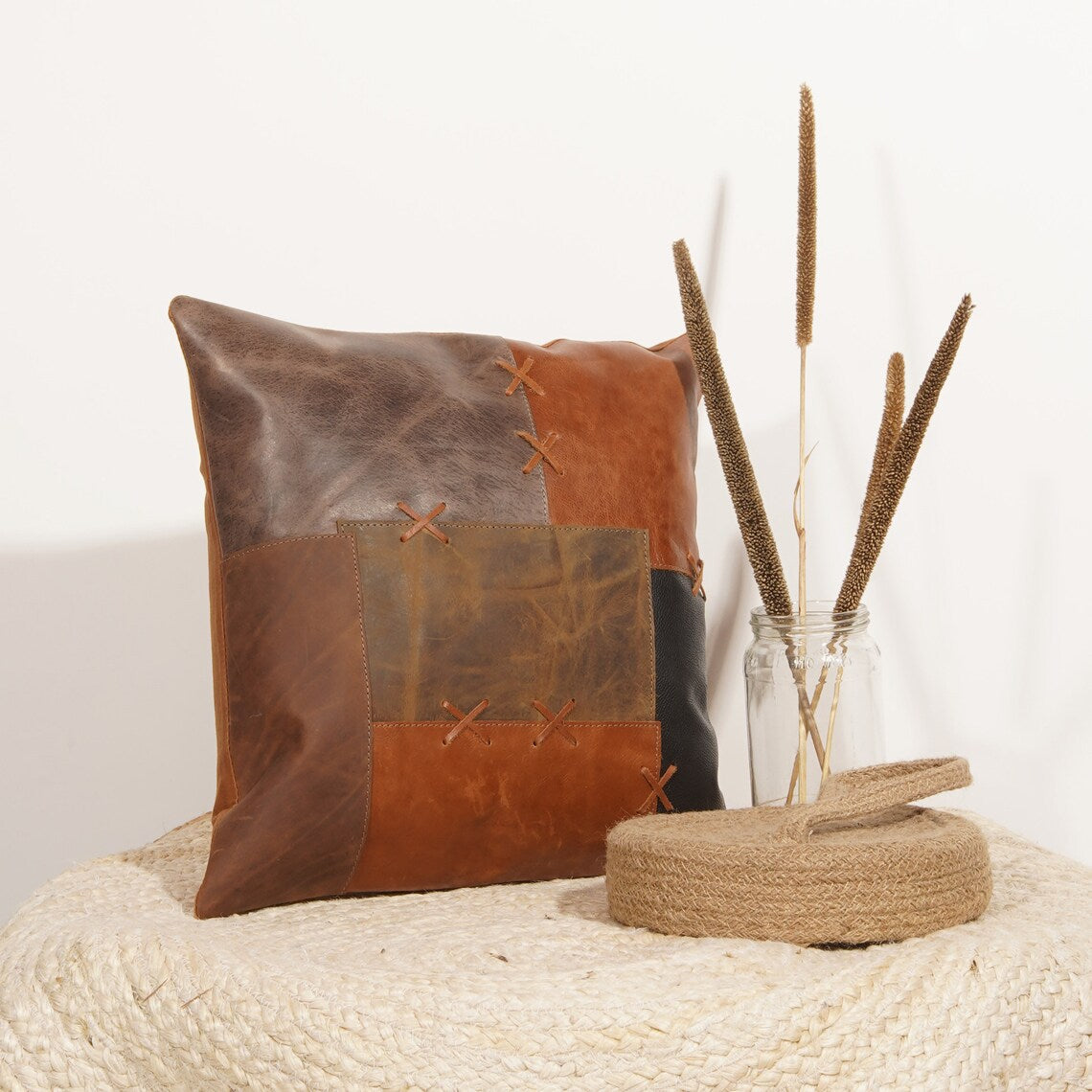 Melbourne Leather Co Genuine Leather Cushion Tan Leather Cushion Patchwork Cushion Gift Decorative Pillow Gift for Her Handmade 45*45cm - LCC04