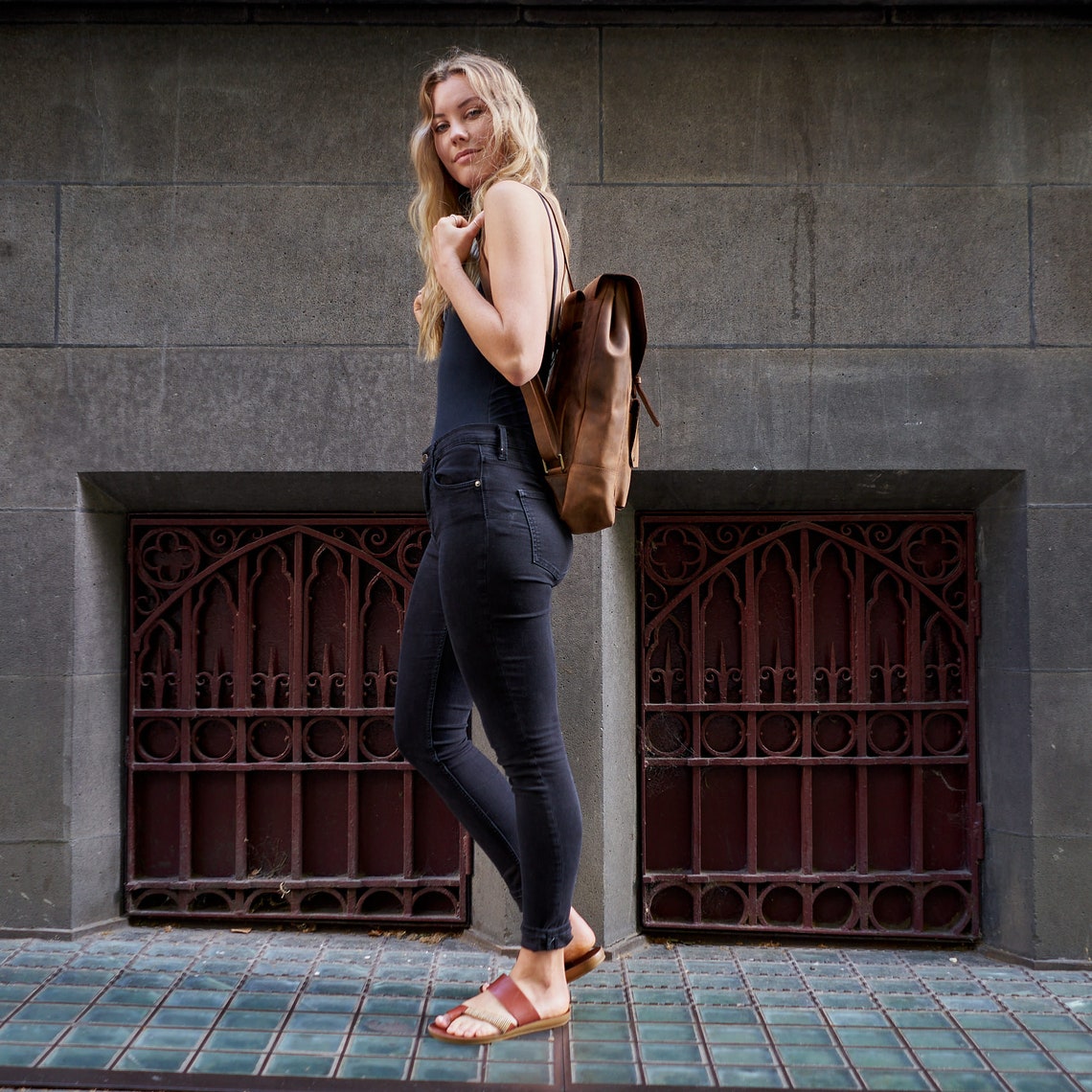 Melbourne Leather Co Handcrafted LEATHER BACKPACK in cognac tan brown Colour with LINING / Citi Rucksack - with two front pockets - LB05