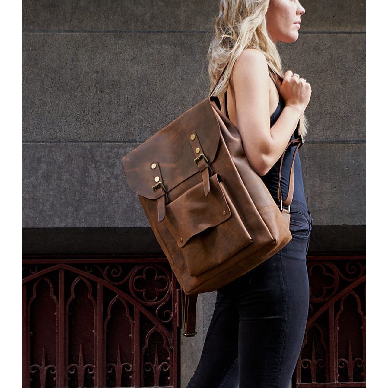 Melbourne Leather Co Handcrafted LEATHER BACKPACK in cognac tan brown Colour with LINING / Citi Rucksack - with two front pockets - LB05