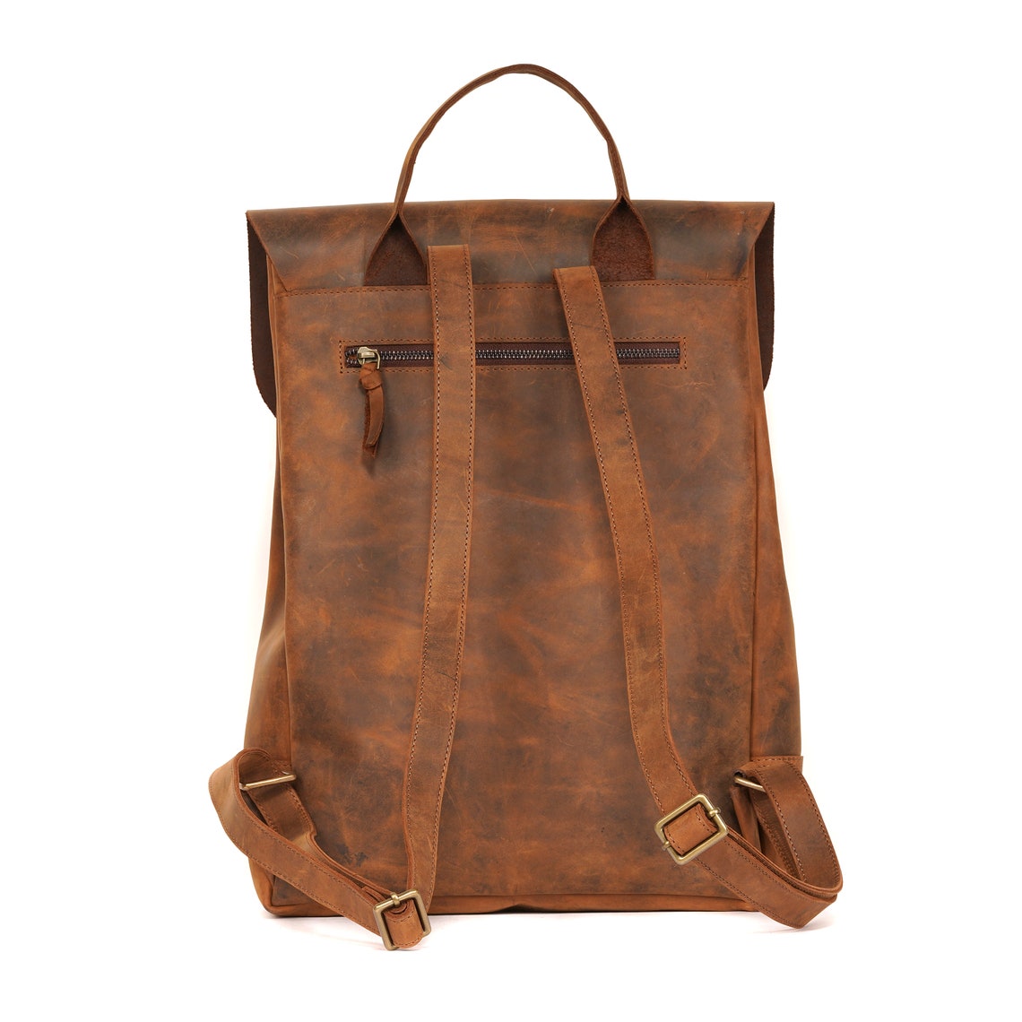 Melbourne Leather Co Handcrafted LEATHER BACKPACK in cognac tan brown Colour with LINING / Citi Rucksack - with two front pockets - LB05