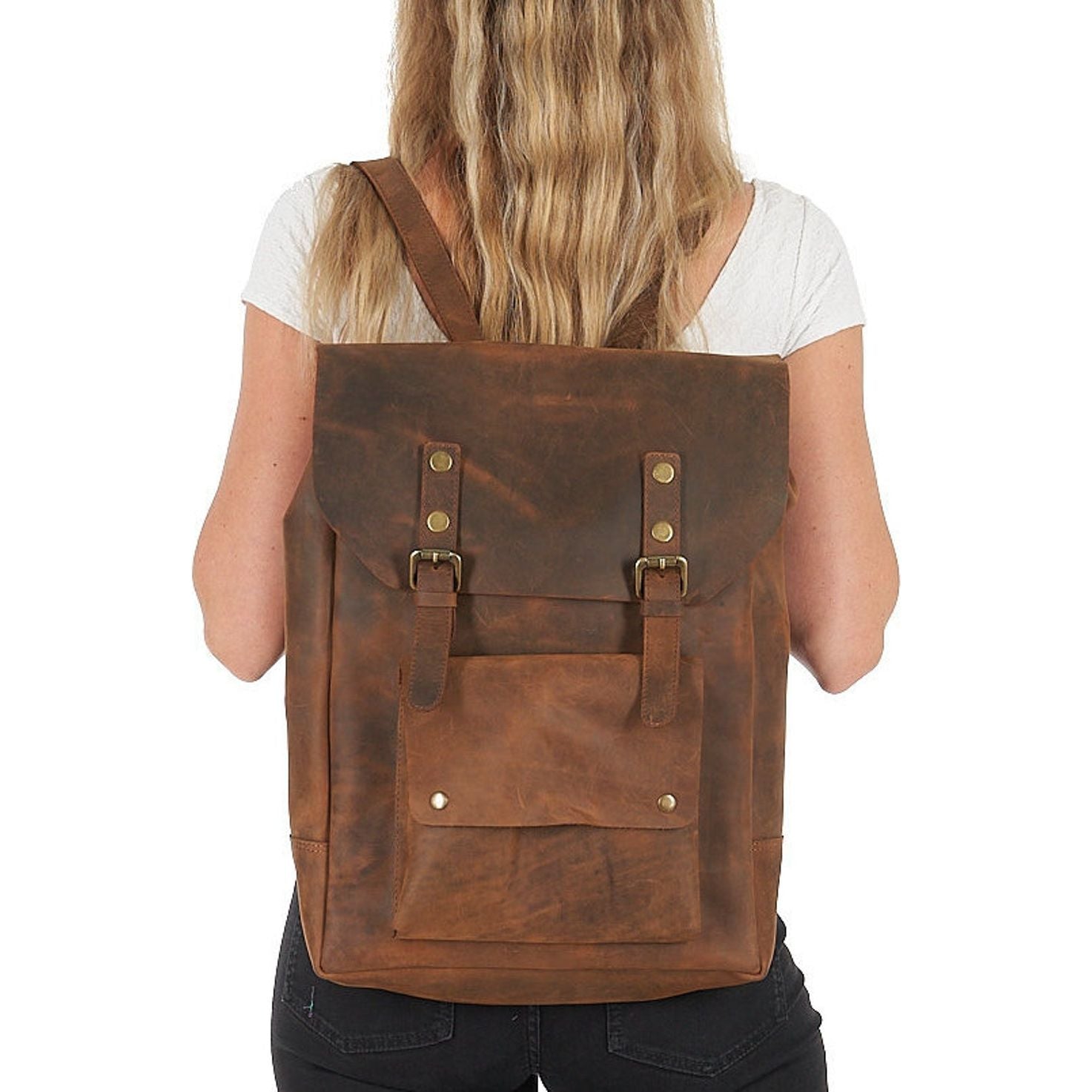 Melbourne Leather Co Handcrafted LEATHER BACKPACK in cognac tan brown Colour with LINING / Citi Rucksack - with two front pockets - LB05