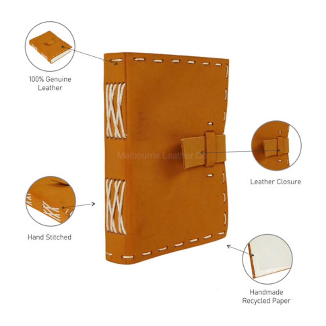 Melbourne Leather Co Vintage Leather Journal Recycled Paper Journal, For Notes, Notebook, Sketch book, Diary, Handmade Book,100% Recycled Rag,Tree Free Paper - LJ25