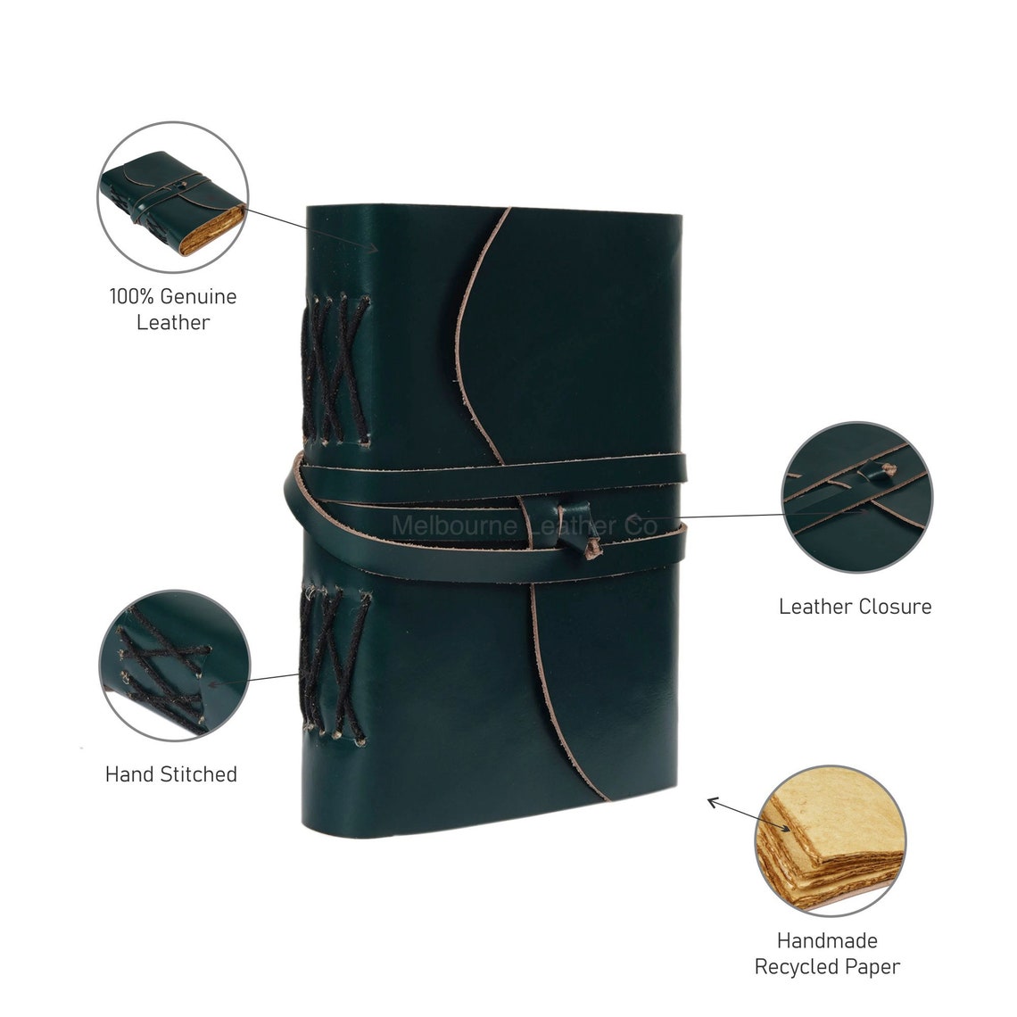 Melbourne Leather Co Vintage Leather Journal Recycled Paper Journal, For Notes, Notebook, Sketch book, Diary, Handmade Book,100% Recycled Rag,Tree Free Paper - LJ06