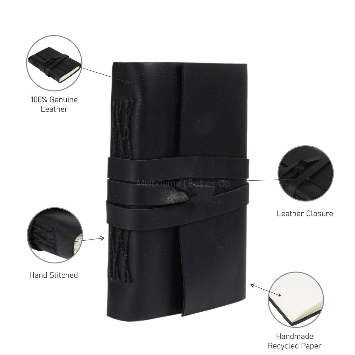 Melbourne Leather Co Vintage Leather Journal Recycled Paper Journal, For Notes, Notebook, Sketch book, Diary, Handmade Book,100% Recycled Rag,Tree Free Paper - LJ18