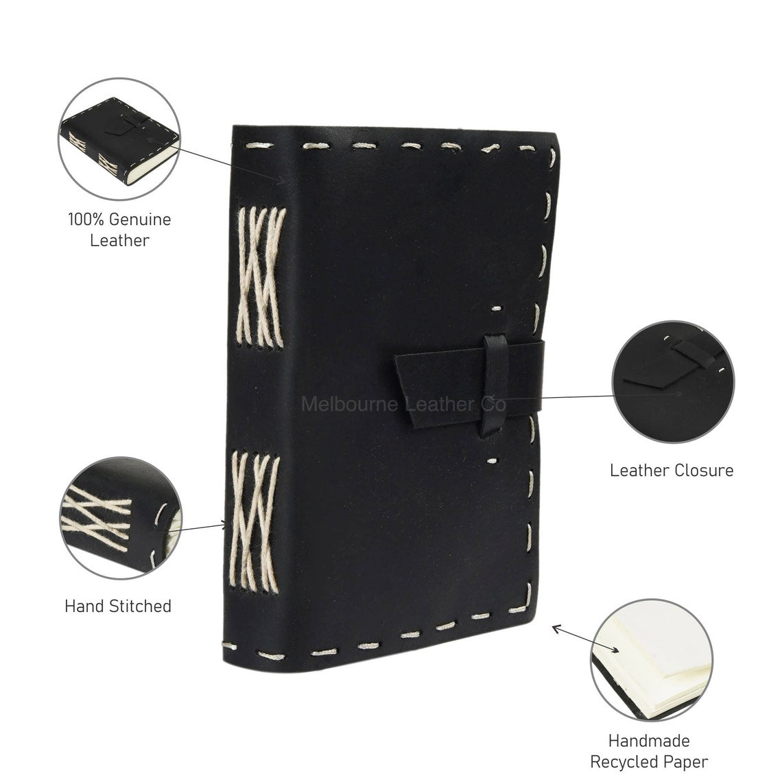 Melbourne Leather Co Vintage Leather Journal Recycled Paper Journal, For Notes, Notebook, Sketch book, Diary, Handmade Book,100% Recycled Rag,Tree Free Paper - LJ19