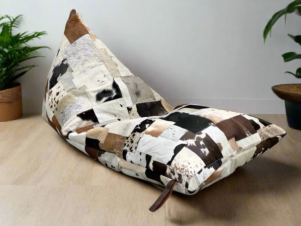 Luxe Cowhide Patchwork Beanbag Cover – Artisan-Made Leather Lounge Shell