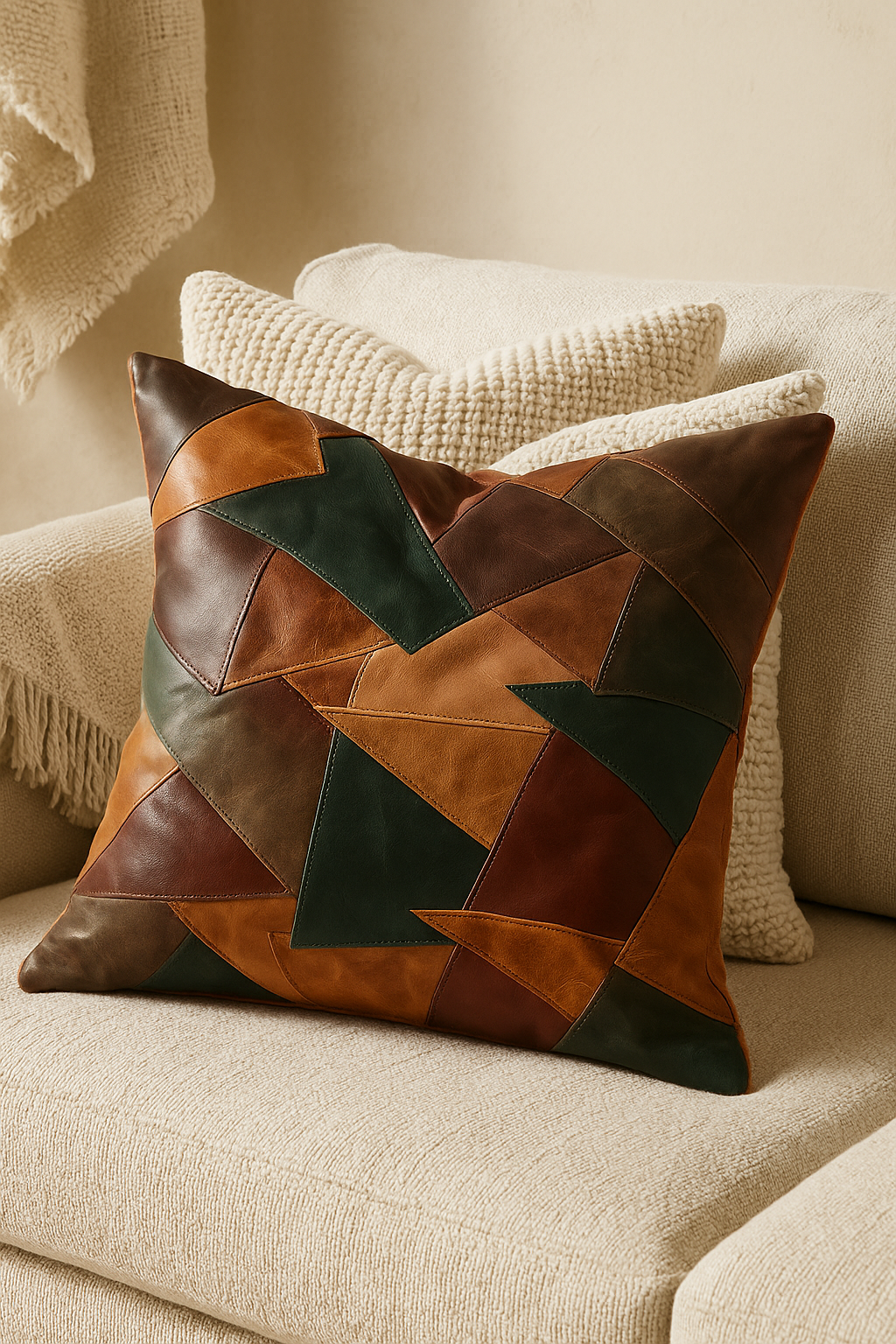 Modern Rustic Leather Patchwork Cushion – Earth Tones | Decor Accent