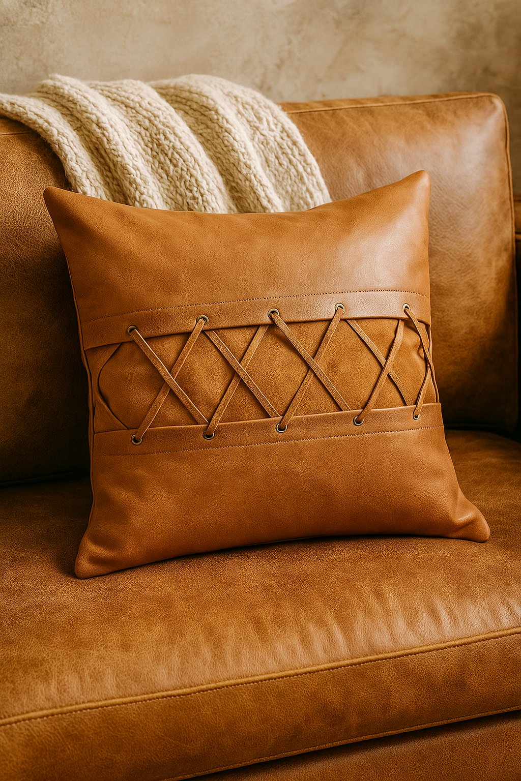 Tan Leather Cushion with Crisscross Lacing | Melbourne Leather Co