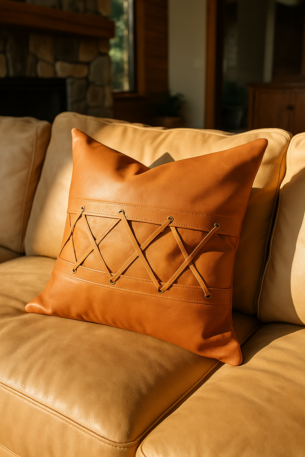 Tan leather cushion with decorative lacing styled in a boho-neutral bedroom with linen bedding and indoor plants.
