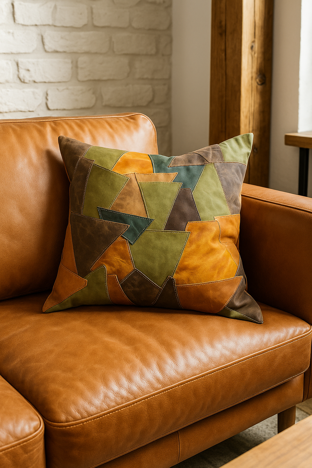 Patchwork Leather Cushion Cover – Rustic Earth Tones | 60x60cms