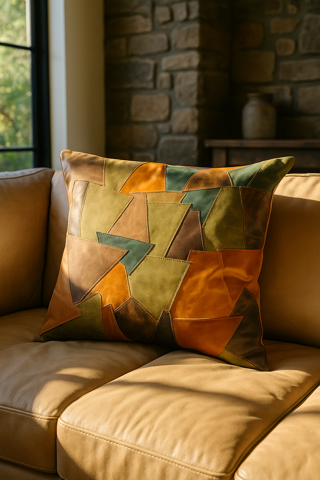 Patchwork Leather Cushion Cover – Rustic Earth Tones | 60x60cms