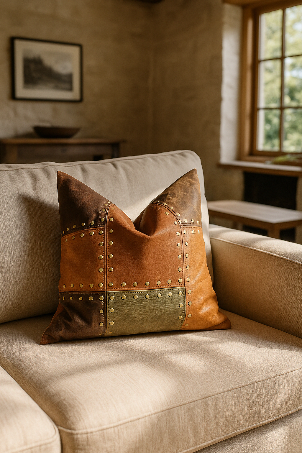 Rustic Studded Leather Cushion Cover – Tan & Olive Patchwork Accent