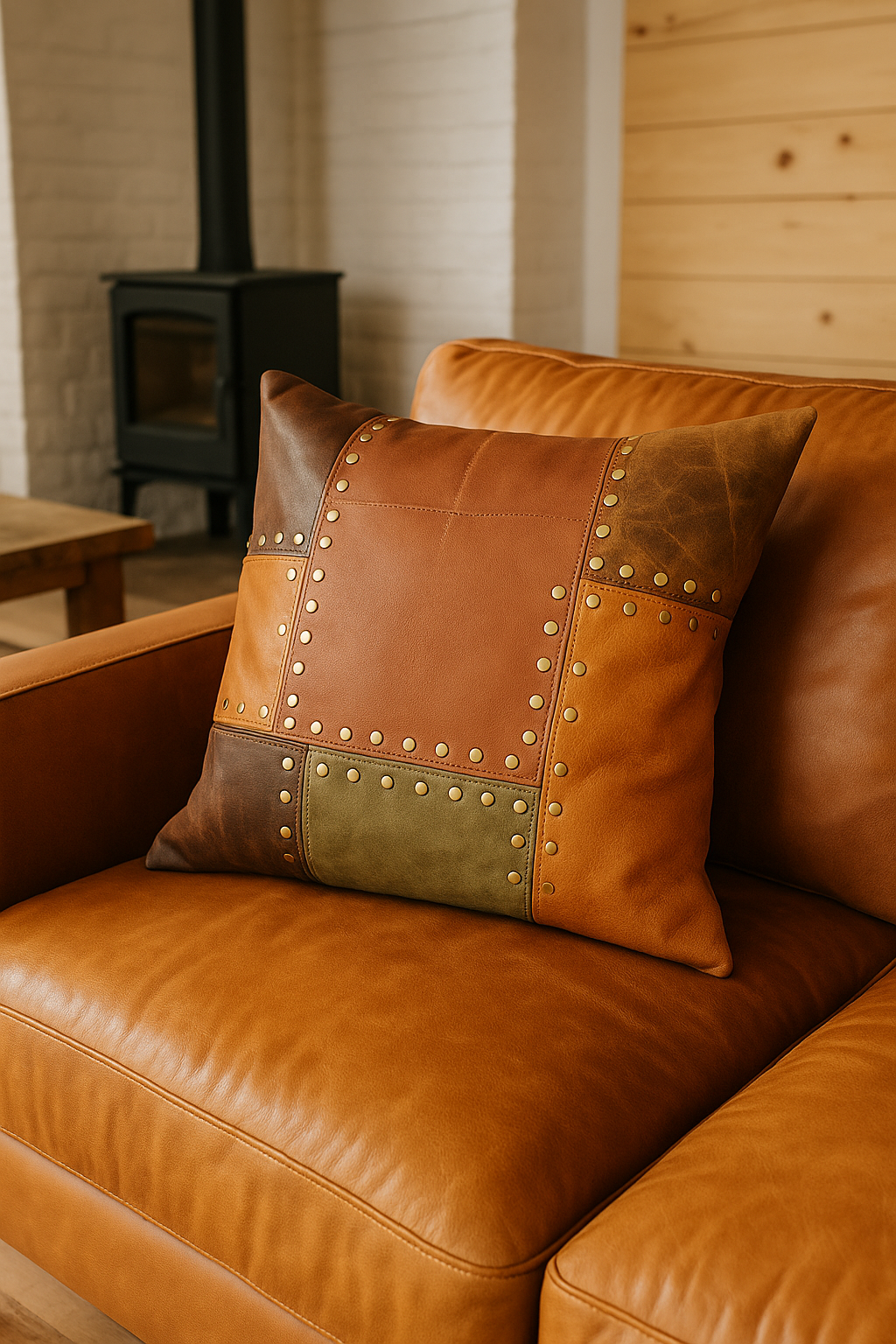Rustic Studded Leather Cushion Cover – Tan & Olive Patchwork Accent