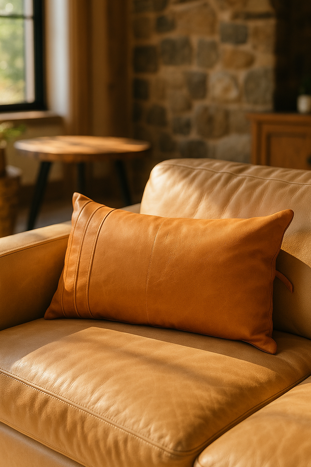 Rectangular tan leather cushion with stitched detailing styled on a caramel leather armchair in a modern rustic living room.