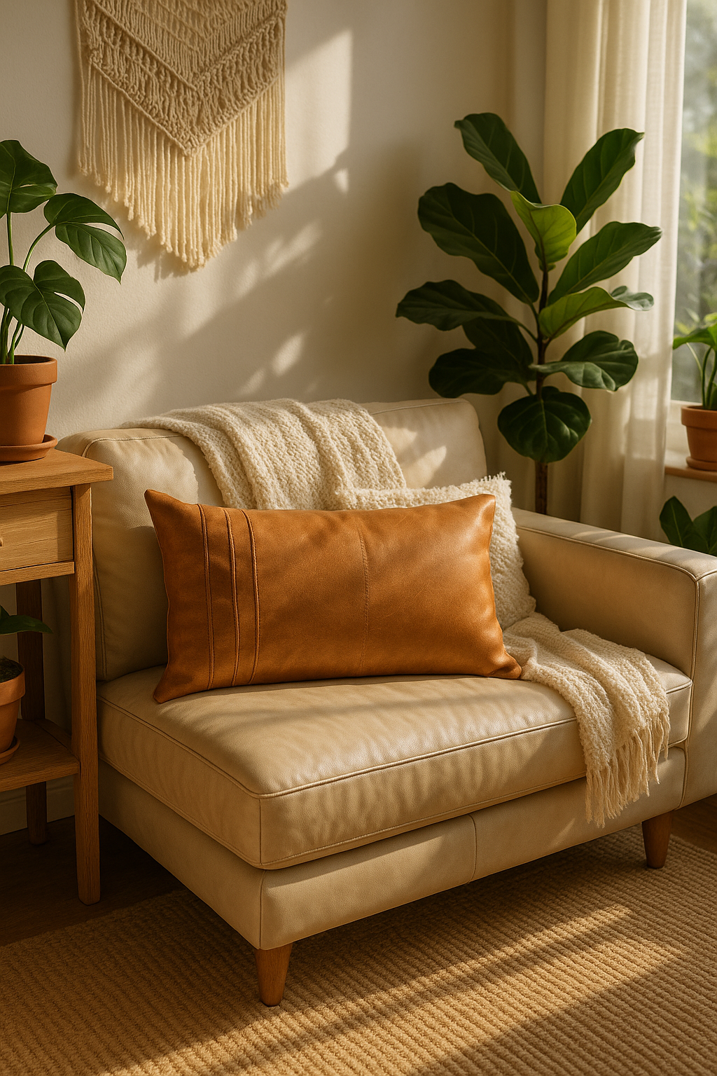 Tan Leather Lumbar Cushion – Artisan Boho Style | Melbourne Leather Co