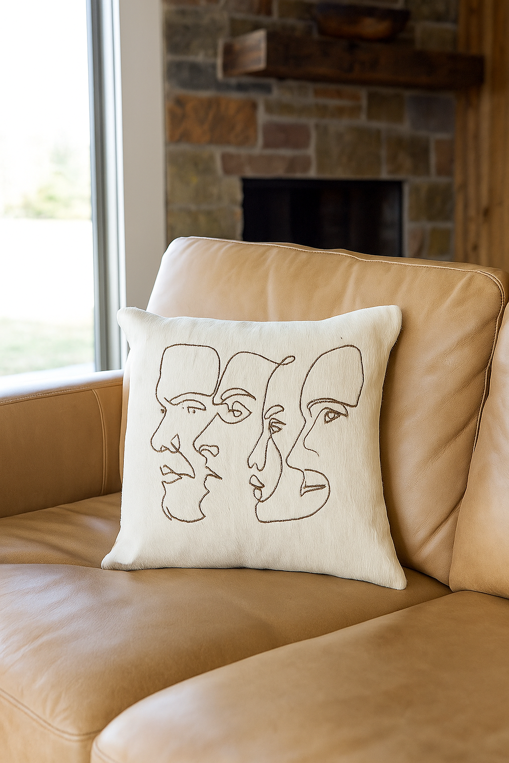 Handmade Cowhide Leather Cushion Cover – Modern Abstract Face Design