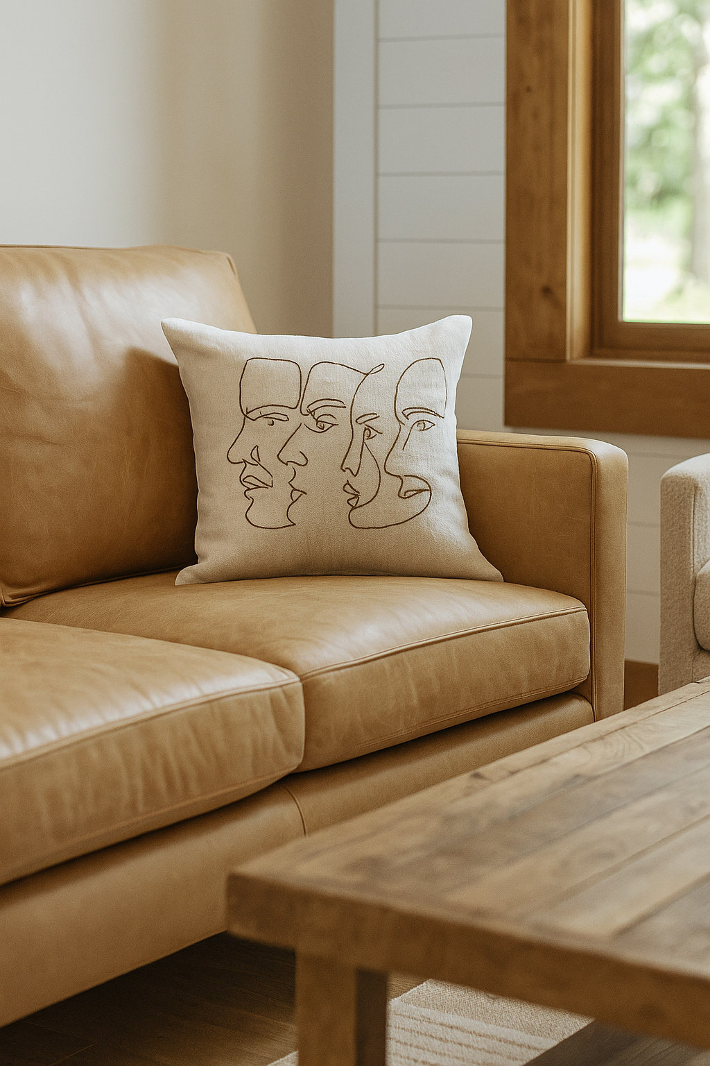 Handmade Cowhide Leather Cushion Cover – Modern Abstract Face Design